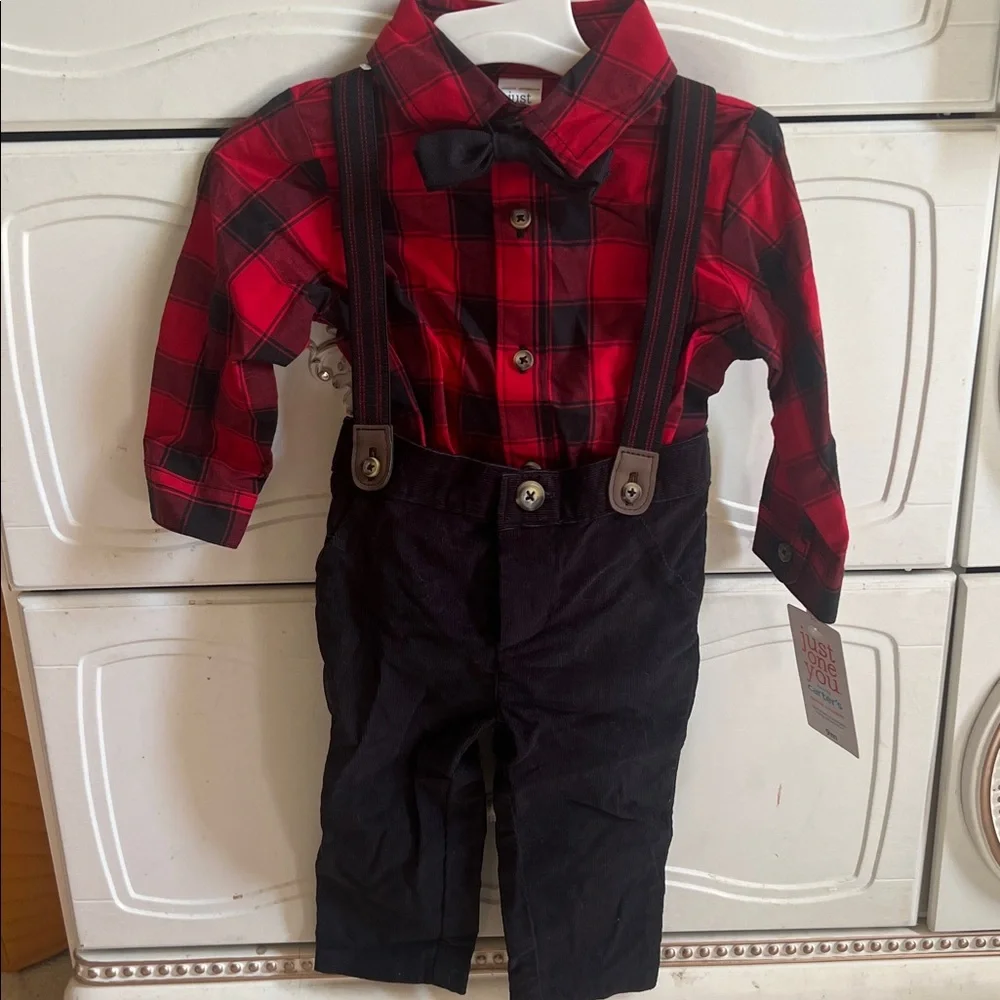 Red Plaid Shirt & Black Suspender Pants Set with bow tie for Kids NWT